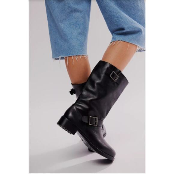 Free People Black Leather Two Buckle Ride Or Die Engineer Boots Size 8.5298 - Picture 7 of 8